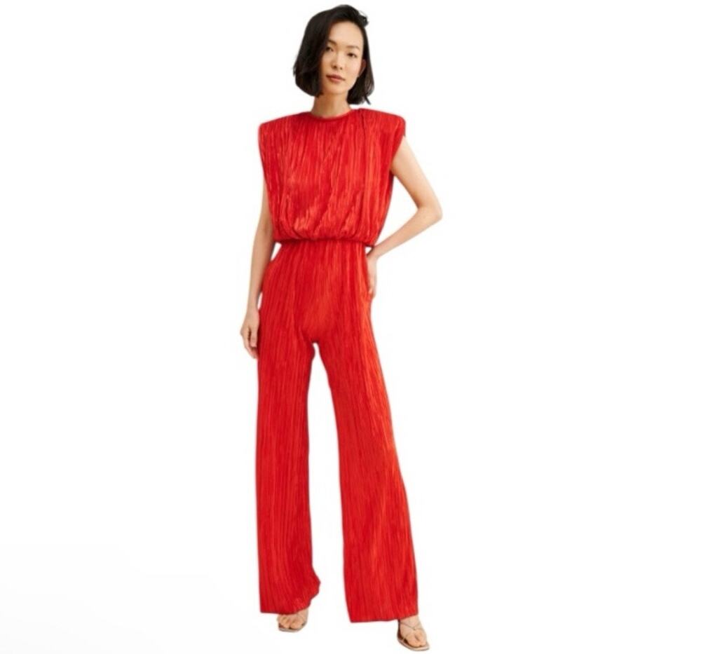 Sabina Musayev Red Sleeveless Plisse Jumpsuit